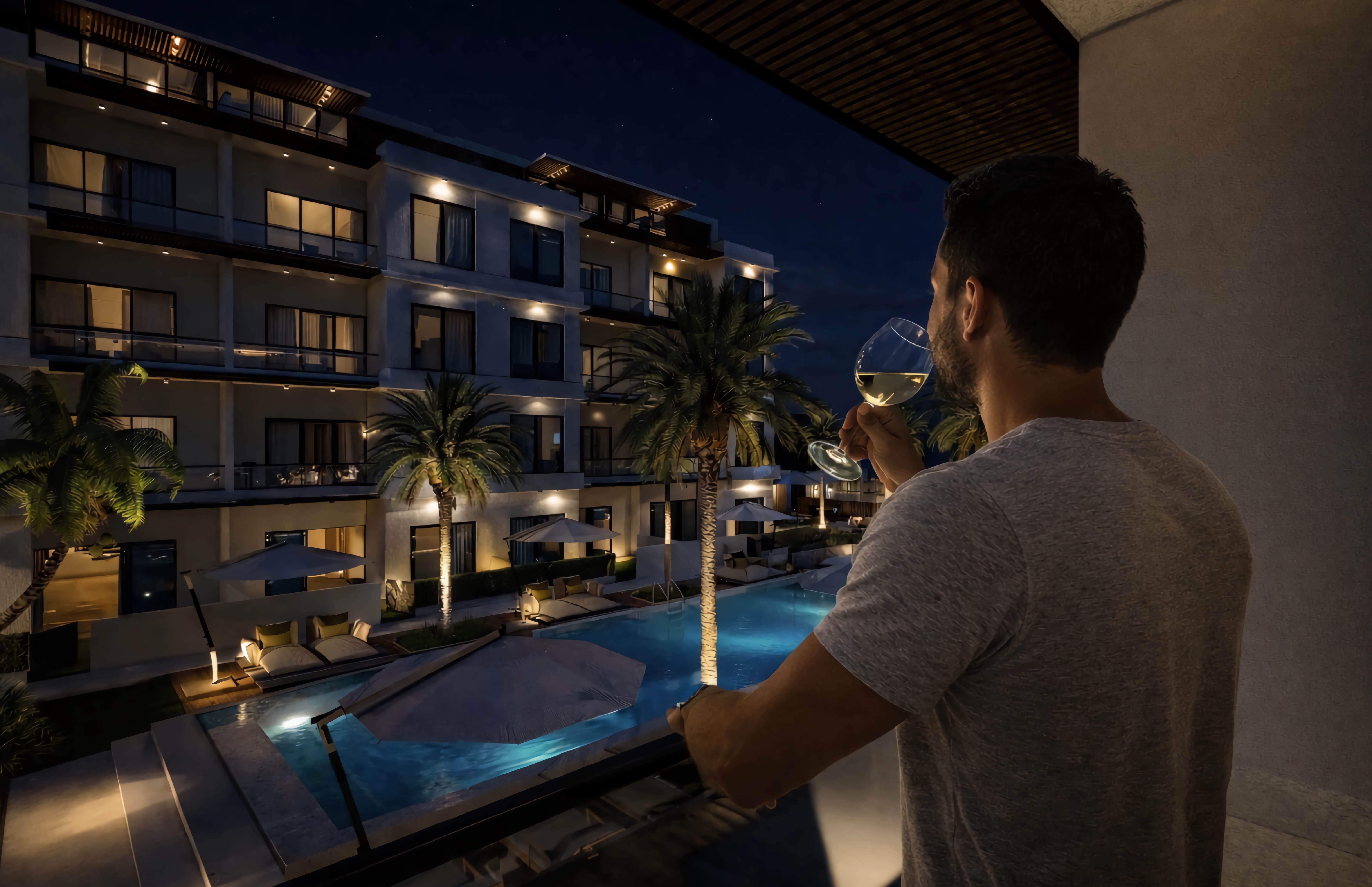 Vista desde balcón de Gaya Cana de noche hacia la piscina iluminada