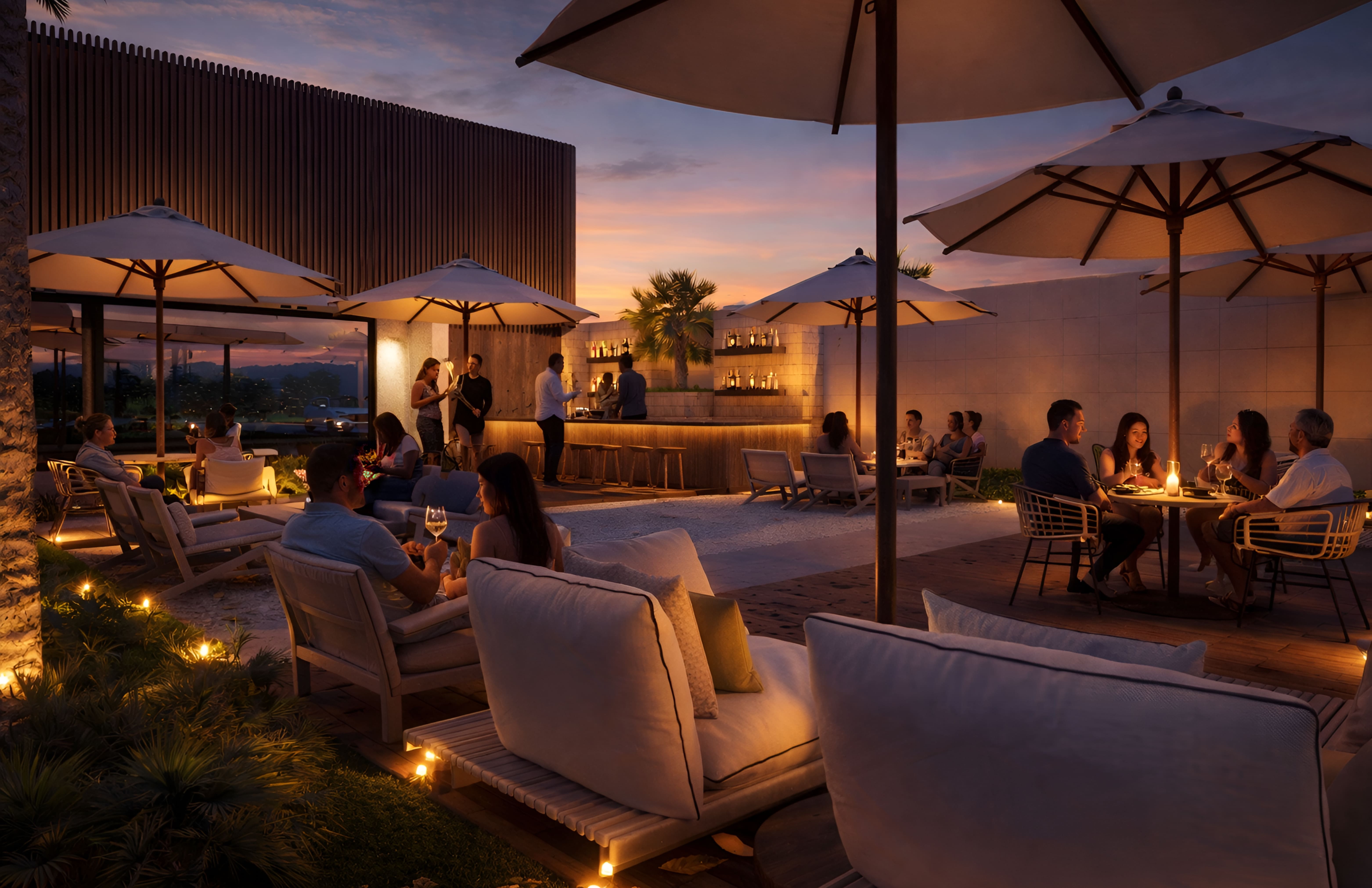 Área de bar lounge al atardecer en Gaya Cana