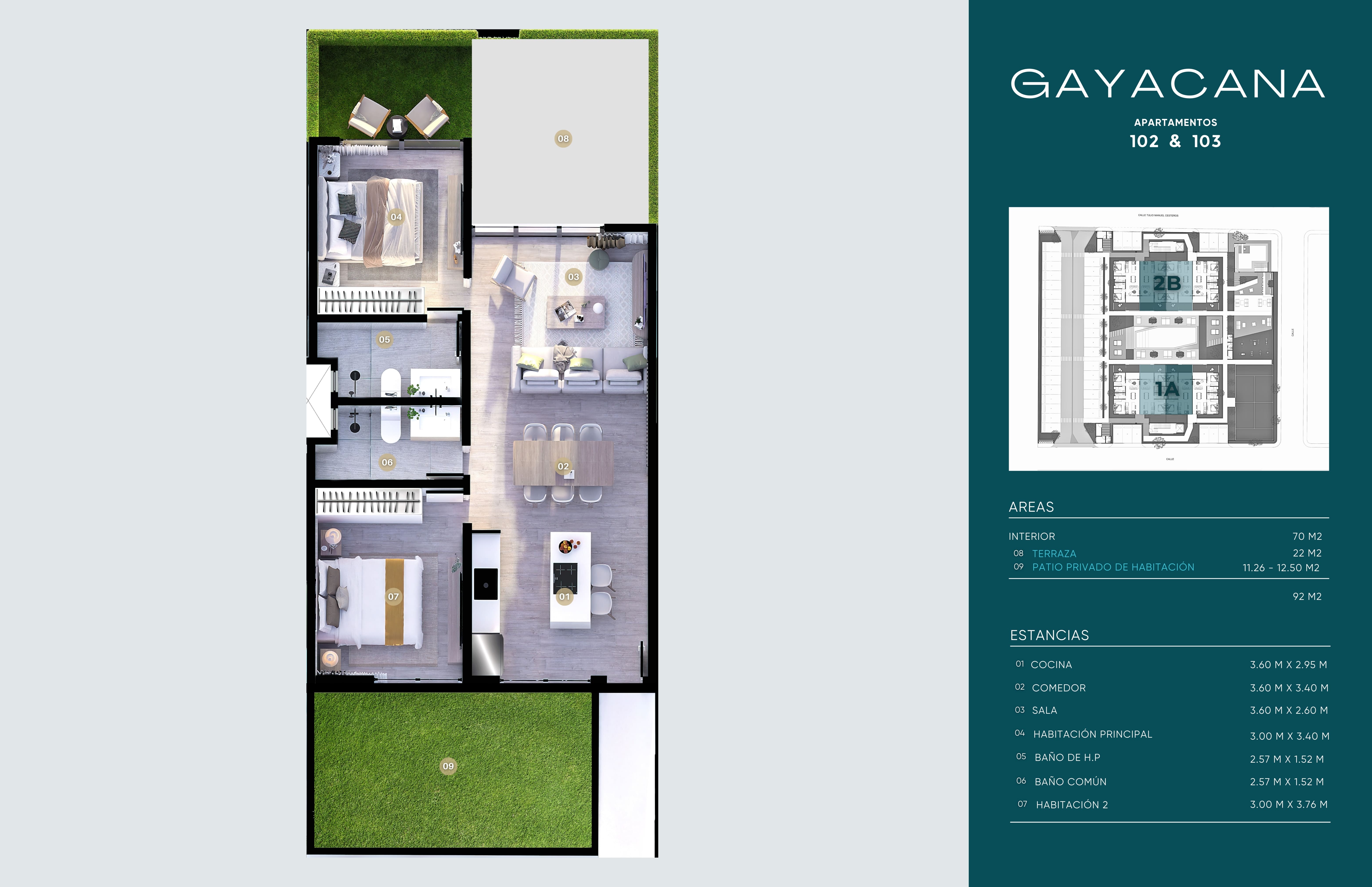 Plano de apartamentos 102 y 103 con patio privado y jacuzzi