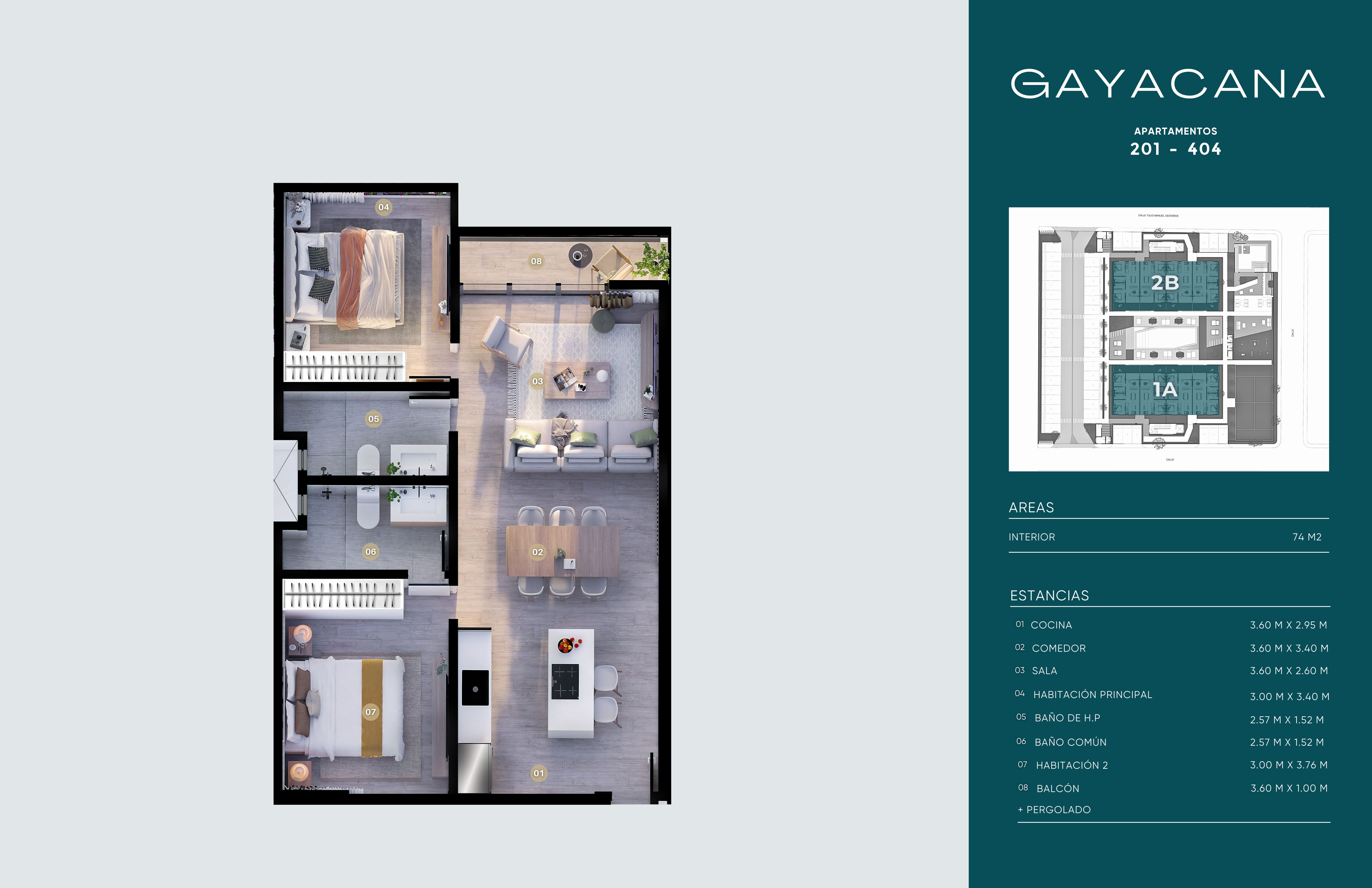 Plano de apartamentos 201 al 304 con balcón y pergolado