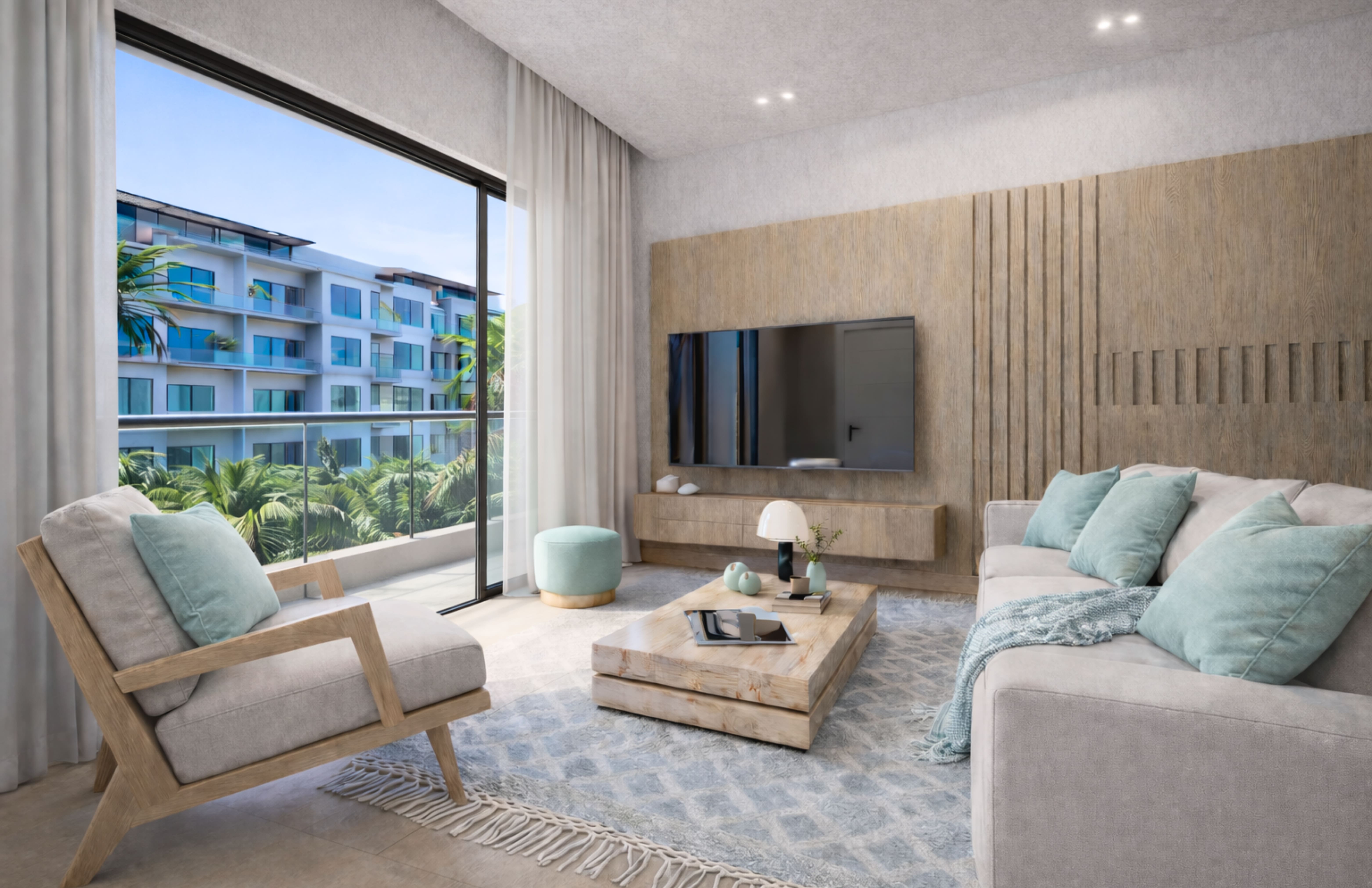 Sala de estar de apartamento 2BR con balcón y vista tropical