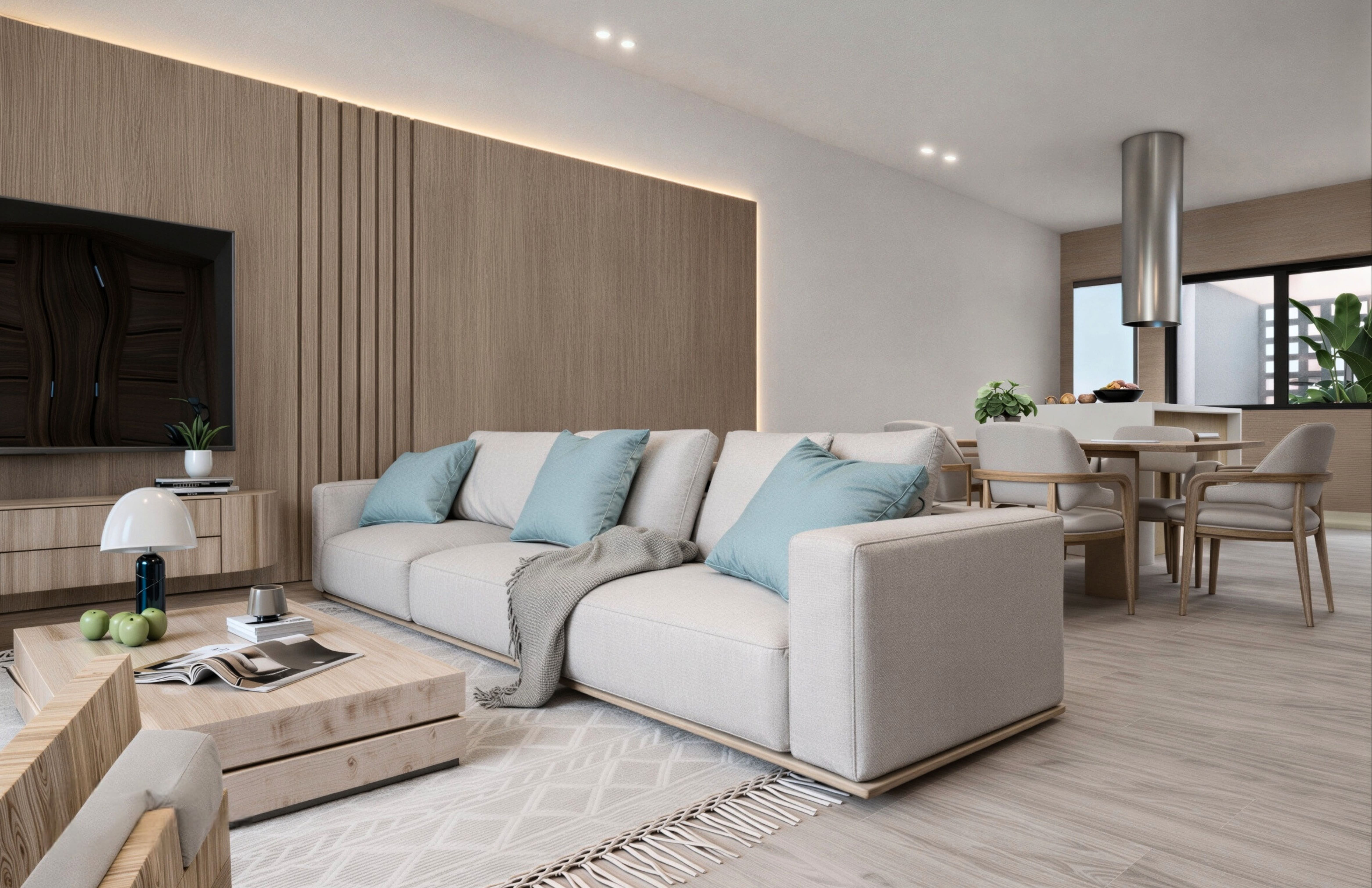 Sala comedor de apartamento 2BR con acabados en madera