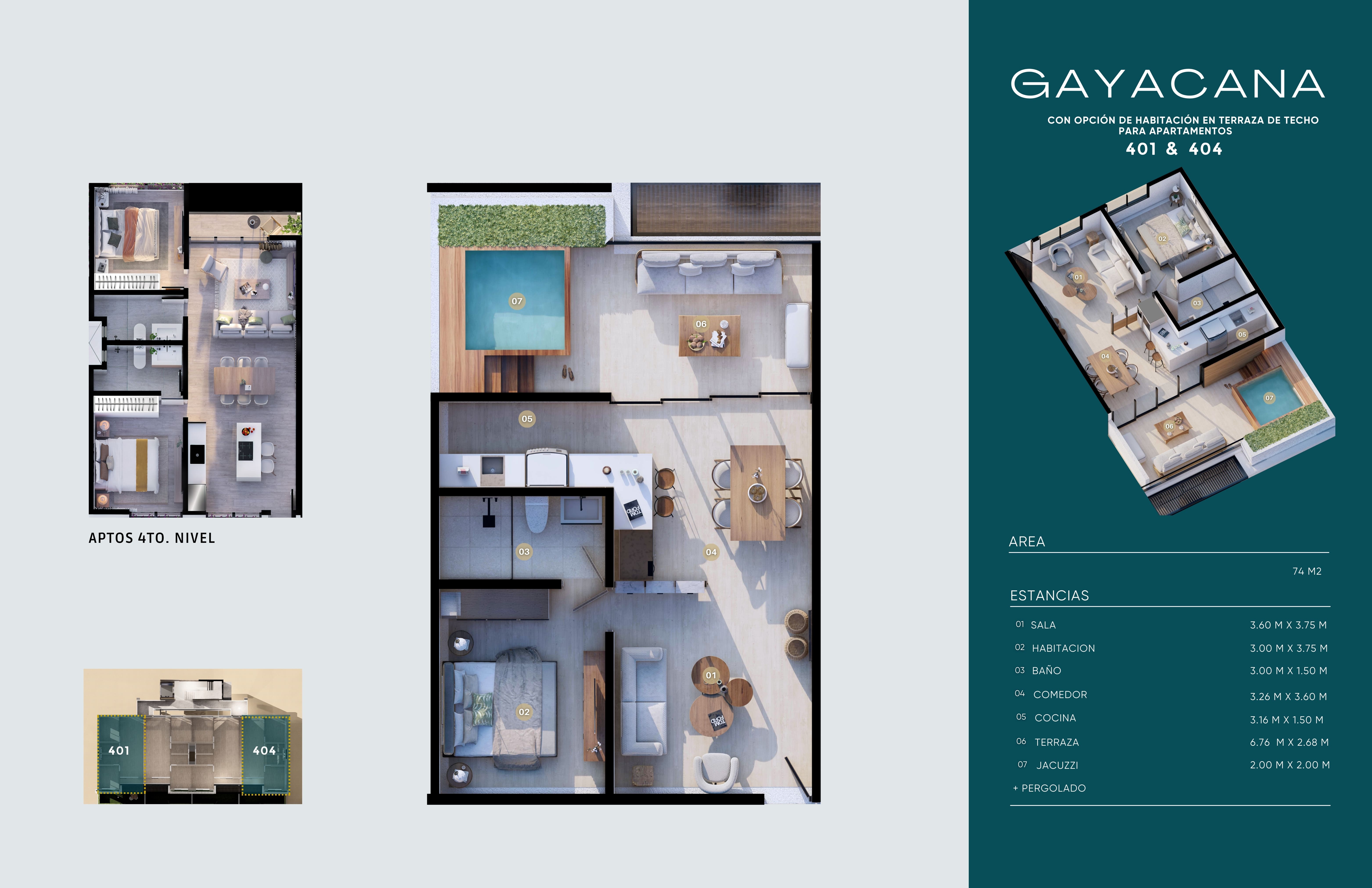 Plano de penthouse 401 y 404 con terraza en techo y jacuzzi