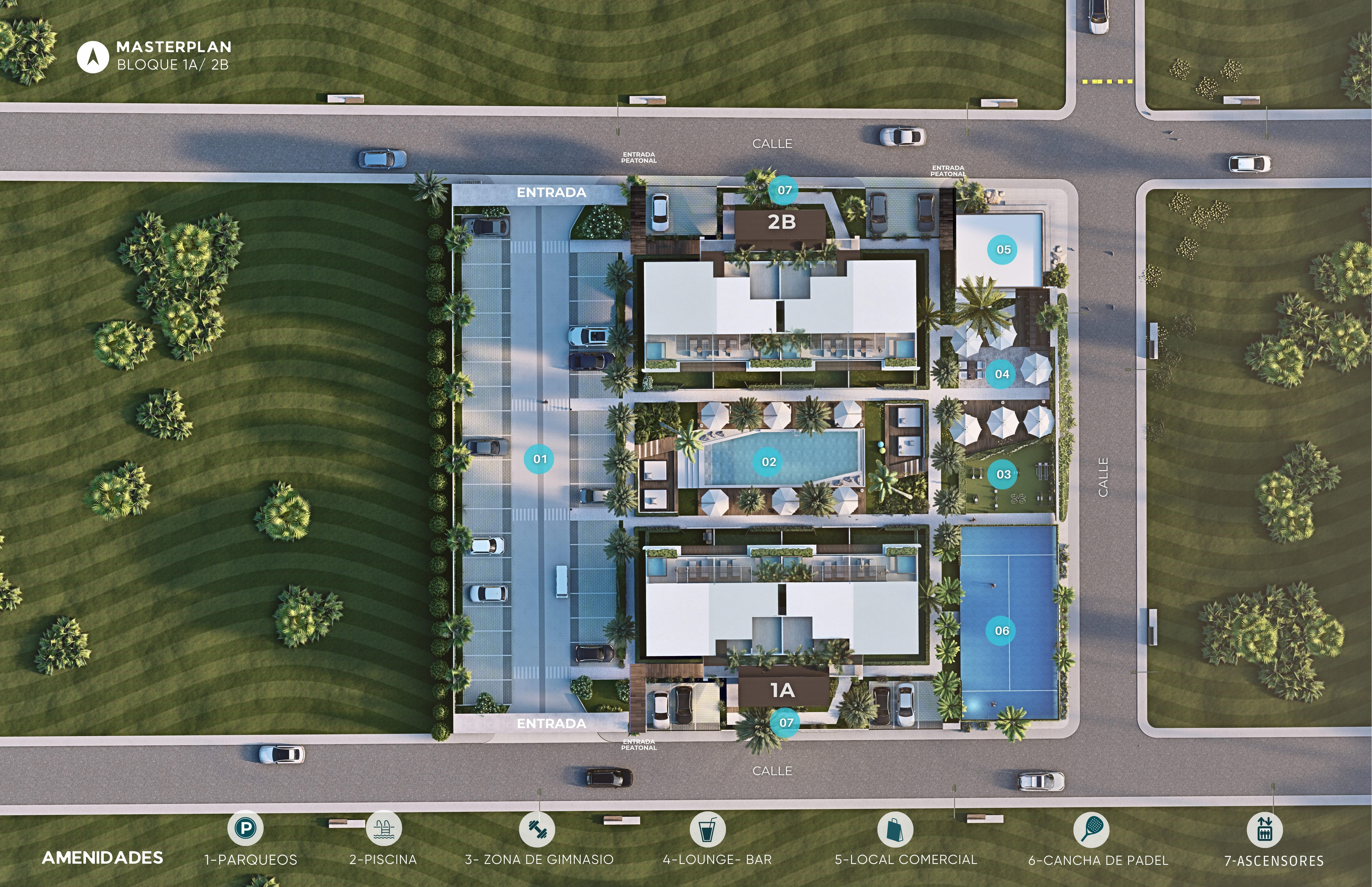 Master plan del proyecto Gaya Cana mostrando bloques 1A y 2B con piscina, cancha de pádel y todas las amenidades