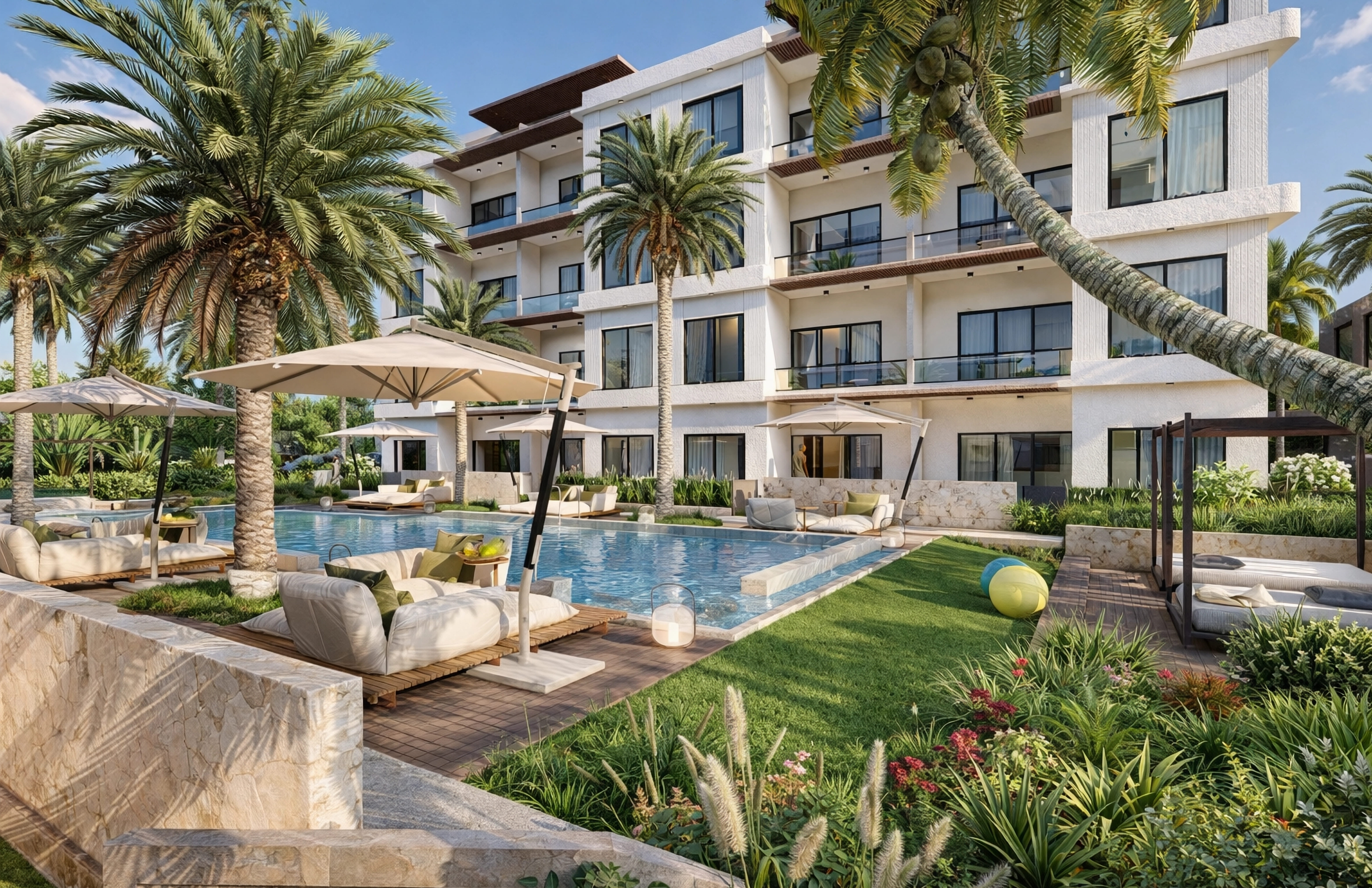 Fachada exterior de Gaya Cana con piscina y palmeras tropicales
